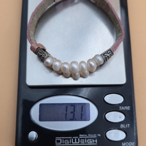 8 Inch Sterling Silver And Leather Genuine Pearls Bracelet B608 - Picture 6 of 6